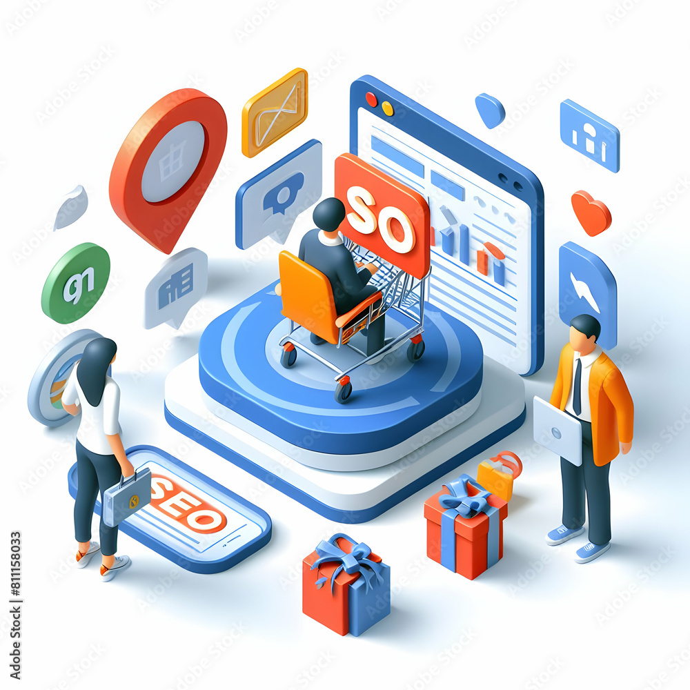 Poster e commerce data specialist optimizing seo: enhancing site visibility with 3d flat icons in isometric