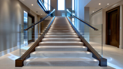Modern mansion entry with almond carpeted stairs highlighted by a sleek glass railing and a dramatic LED light installation overhead The clean lines create a striking contemporary look