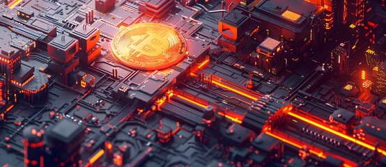 A visually striking depiction of a Bitcoin coin on a detailed circuit board, illuminated by glowing orange lights in a conceptualized tech cityscape 2.
