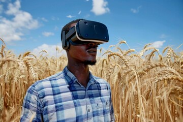 Farmer wears VR or AR glasses in wheat field. Modern agricultural practices with virtual reality simulators. Smart farming with AI, futuristic agriculture concept