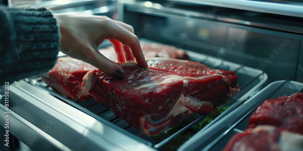 Wall mural close-up female hand putting raw meat in refrigerator. cooking at home, chilled fresh red beef meat.