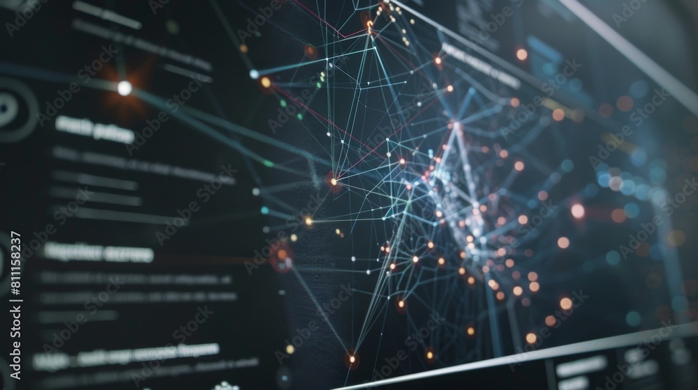 Aufkleber A digital screen displaying a dynamic network graph, showcasing interconnected relationships and data points for visualization.