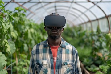 Farmer wears VR or AR glasses in green greenhouse. Modern agricultural practices with virtual reality simulators. Smart farming with AI, futuristic agriculture concept