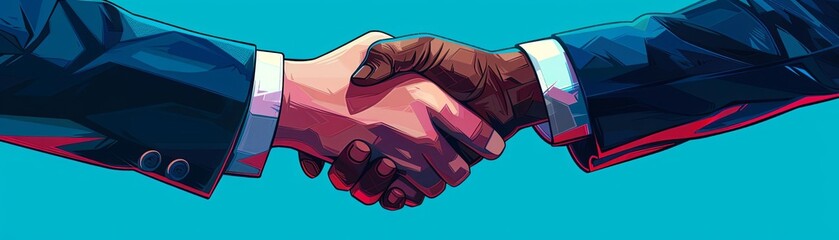 Handshake of two business men in suits isolated on blue background, closeup. Concept for successful holder or tower office hunter deal. Illustration in the style of Mhamse. Wide angle lens shot with S