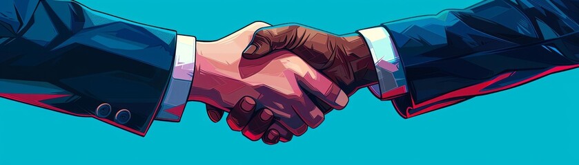 Fototapeta premium Handshake of two business men in suits isolated on blue background, closeup. Concept for successful holder or tower office hunter deal. Illustration in the style of Mhamse. Wide angle lens shot with S