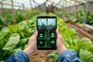 Farmer holds VR or AR tablet in green greenhouse. Modern agricultural practices with virtual reality simulators. Smart farming with AI, futuristic agriculture concept