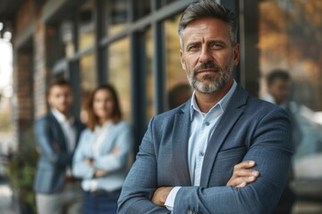 A man with crossed arms in front of business people. Suitable for business presentations