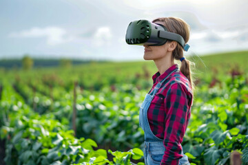 Female farmer wears VR or AR glasses in green field. Modern agricultural practices with virtual reality simulators. Smart farming with AI, futuristic agriculture concept