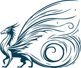 Old-fashioned mystical dragon with wings captured in a clean vector illustration