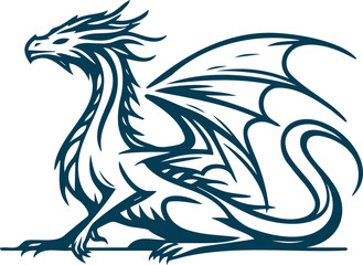 Vintage fantasy dragon with wings presented in a minimalist vector drawing
