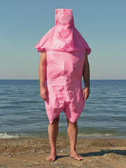 Surreal Beach Encounter with Human Wrapped in Pink Plastic