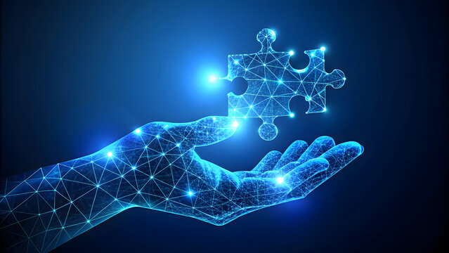 Unlocking Potential: Handheld Puzzle in Futuristic Hologram. Perfect for: Business strategy presentations, innovation workshops, problem-solving seminars, tech blogs, leadership development materials