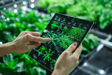 Farmer holds VR or AR tablet in green greenhouse. Modern agricultural practices with virtual reality simulators. Smart farming with AI, futuristic agriculture concept