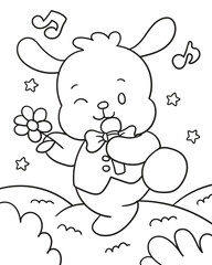 Cute bunny singing with flowers. Coloring book for children
