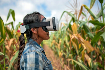 Female farmer wears VR or AR glasses in corn field. Modern agricultural practices with virtual reality simulators. Smart farming with AI, futuristic agriculture concept