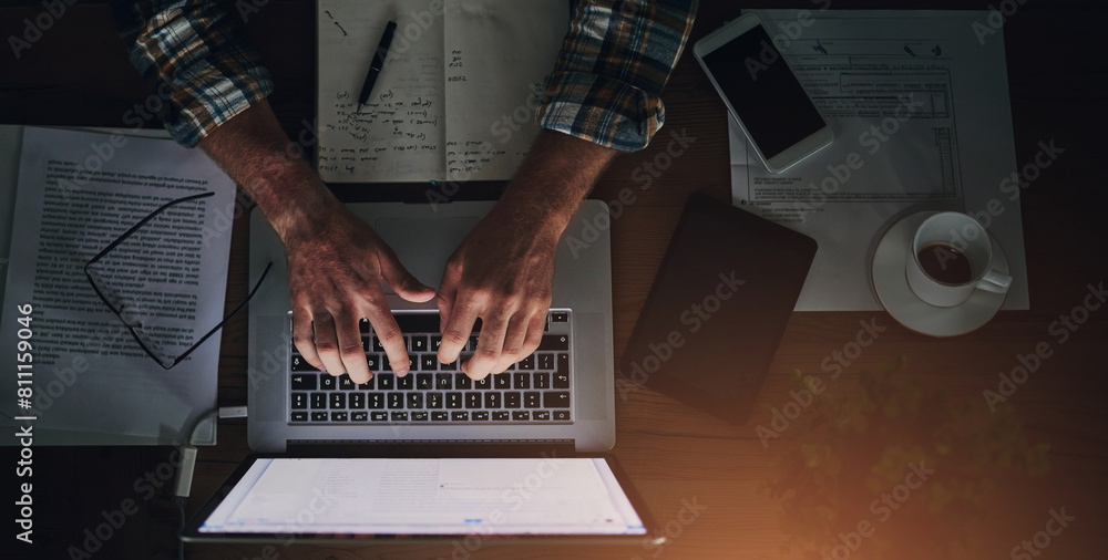 Leinwandbilder Businessman, programmer and typing on laptop in office with paperwork for data analytics, coding and software script. Top view, tech expert and employee hands with programming, it developer and notes