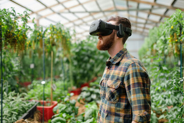 Farmer wears VR or AR glasses in green greenhouse. Modern agricultural practices with virtual reality simulators. Smart farming with AI, futuristic agriculture concept