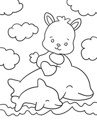 cute bunny sitting on the dolphins. Coloring book for children
