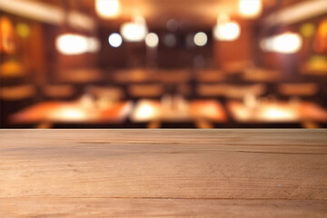 wooden table in a blurred  coffee shop interior