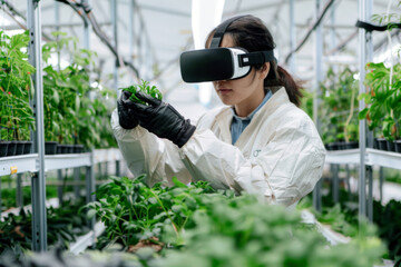Female scientist wears VR or AR glasses in green greenhouse. Modern agricultural practices with virtual reality simulators. Smart farming with AI, futuristic agriculture concept