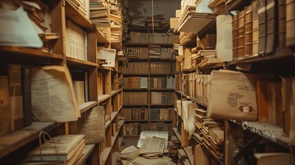 The storage room is filled with old books, documents and various historical materials in the national museum of Ukraine. The photo was taken from behind with a depth blur effect and in the style of a