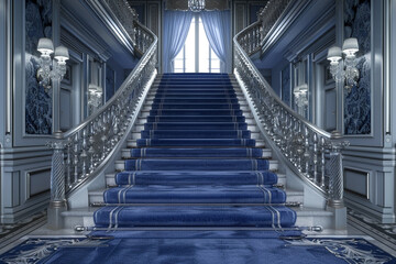 Opulent entrance hall with cobalt blue carpeted stairs bordered by an intricate silver railing and a plush velvet runner The grand setting is lit by a series of elegant sconces