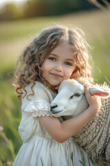 Cute smiling girl child in white dress in summer on green field hugging a sheep. Creative concept of purity, innocence, nature and childhood.