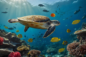 A sea turtle swimming elegantly under ocean
