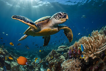 Obraz premium A sea turtle swimming elegantly under ocean