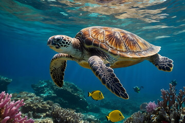 Obraz premium A sea turtle swimming elegantly under ocean