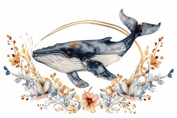 Watercolor painting of a whale surrounded by flowers. Perfect for nature lovers and ocean enthusiasts