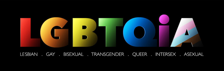 Colorful LGBTQIA Text Banner. 3D typography rainbow progress Pride color on black background. Vector template background.
