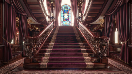 Opulent foyer with burgundy carpeted stairs ornate wooden balustrades and a detailed stained glass...