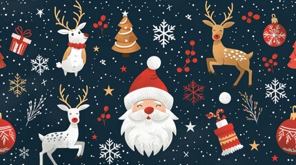 Christmas pattern with Santa Claus, reindeer, gifts, snowflakes, and Christmas tree. Perfect for holiday packaging, wrapping paper, fabric, and more.