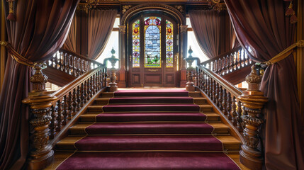 Fototapeta na wymiar Opulent foyer with burgundy carpeted stairs ornate wooden balustrades and a detailed stained glass window at the landing Luxurious draperies frame the entrance
