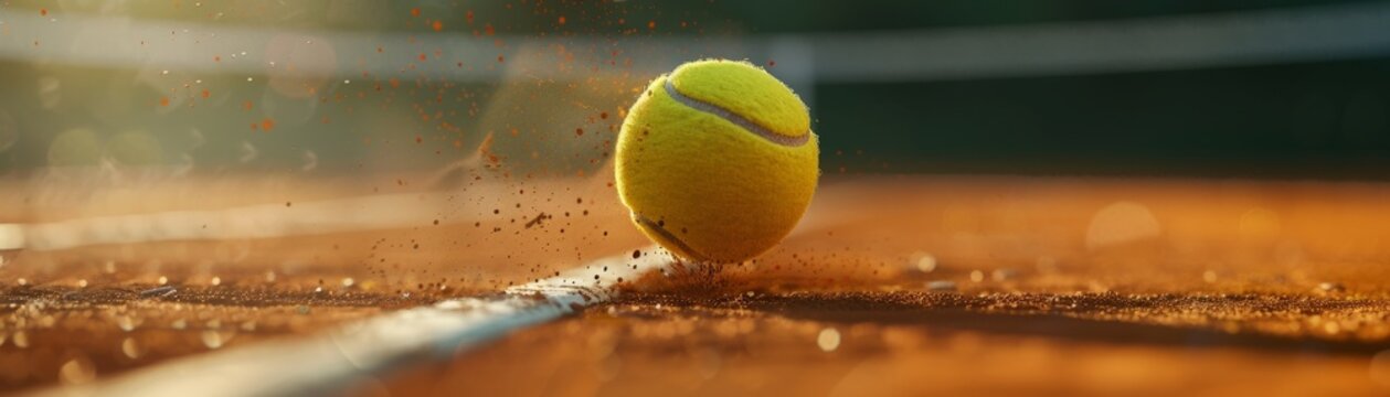 A close up of a tennis ball bouncing on a clay court with background.