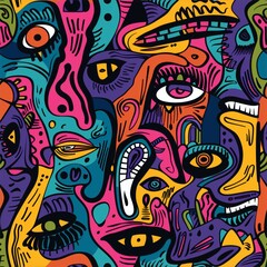 This bold seamless pattern featuring a series of playful, colorful faces is a celebration of diversity and human emotions in art form