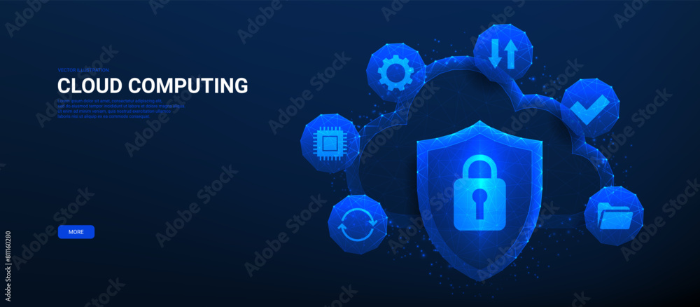 Poster concept banner of cloud technology. vector illustration with glowing polygonal cloud, icons and prot