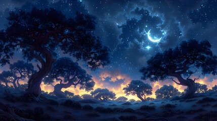 Twisted Ancient Trees Reach for Twinkling Stars in Indigo Night Sky under Glowing Crescent Moon in Dreamlike Digital Painting Style Influenced by