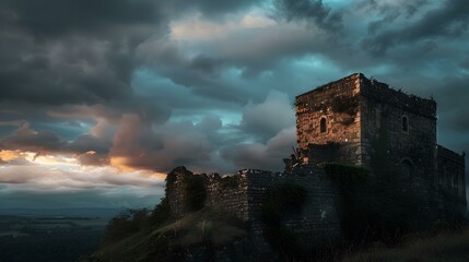 Obraz premium Majestic ancient castle on a cliff under brooding twilight sky
