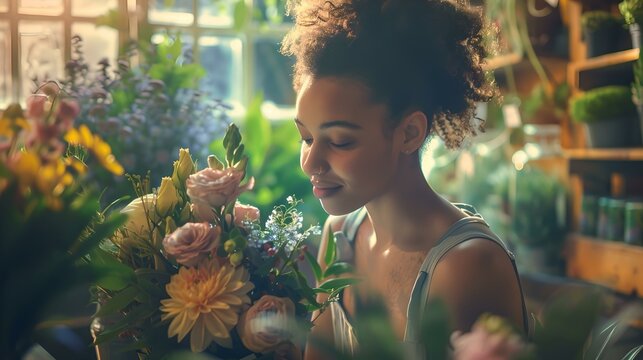 Serene young woman arranges fresh florals in a sunlit greenhouse