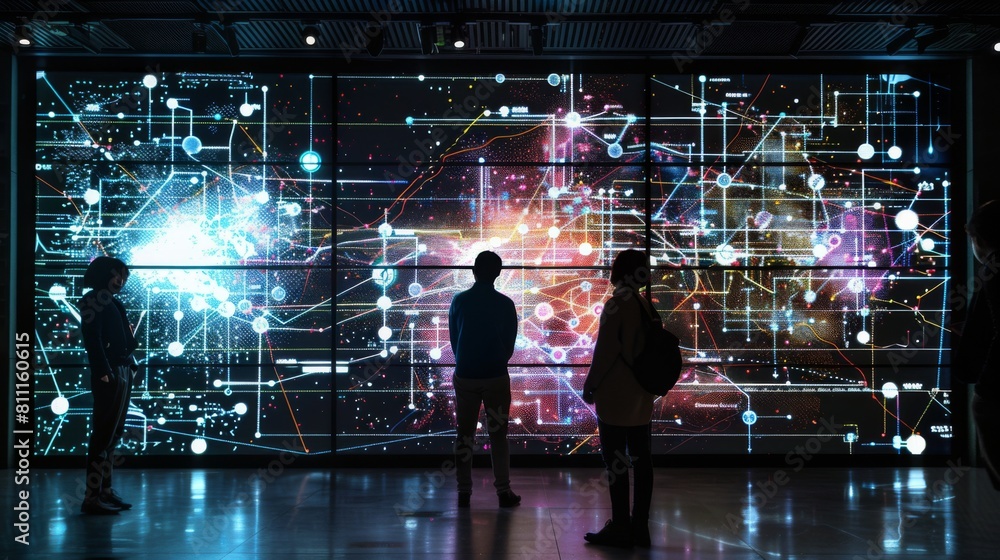 Poster A digital screen displaying a dynamic network graph, showcasing interconnected relationships and data points for visualization.