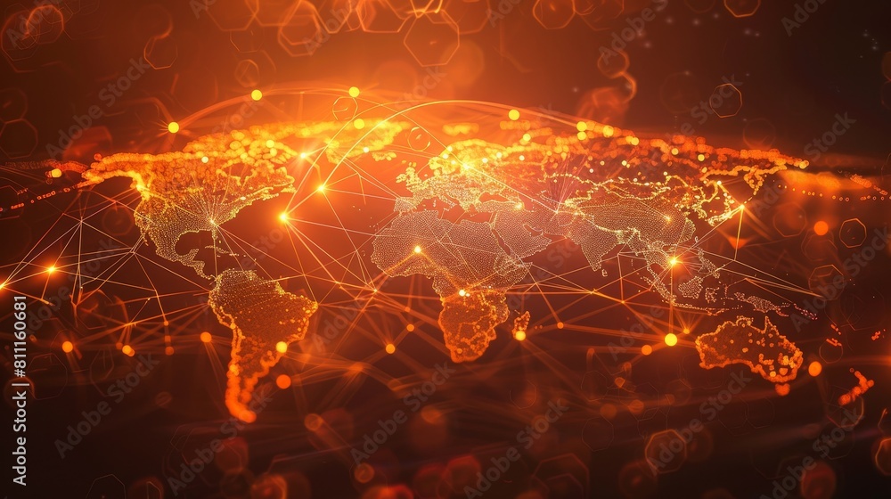 Poster technology concept : abstract orange mesh lines and dots over world map