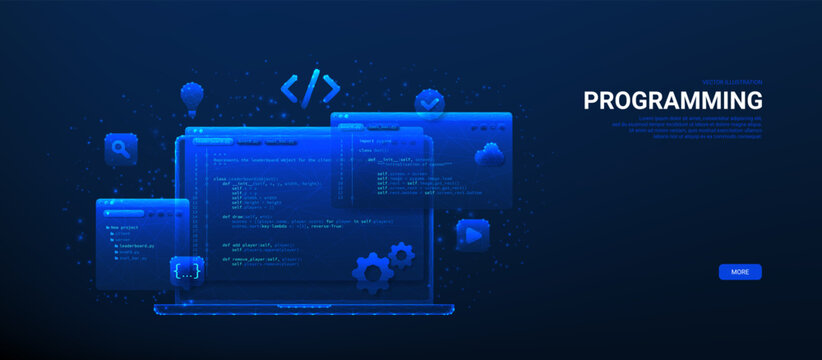 Web and app development concept. Concept of Information technologies, computer engineering or coding, developing software or game. Polygonal vector illustration.