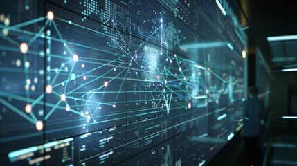 A digital screen displaying a dynamic network graph, showcasing interconnected relationships and data points for visualization.