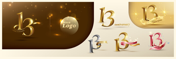 13th anniversary logotype modern gold number with shiny ribbon. alternative logo number Golden anniversary celebration