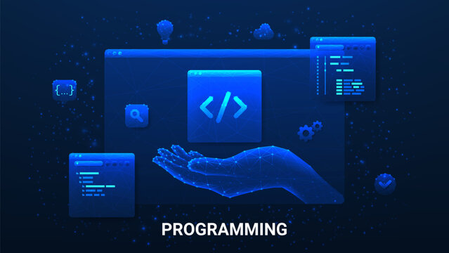 Concept of app development and programming. Information technologies, computer engineering or coding, developing software or game. Polygonal vector illustration with programming windows.