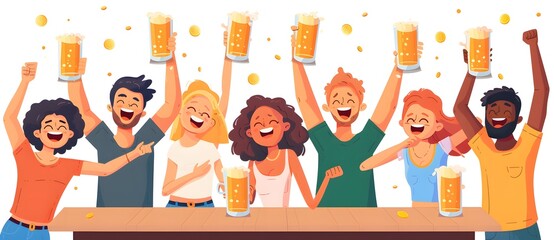 A vibrant, colorful illustration depicting a diverse group of joyful friends toasting with beer glasses at a bar, radiating happiness and unity 1.
