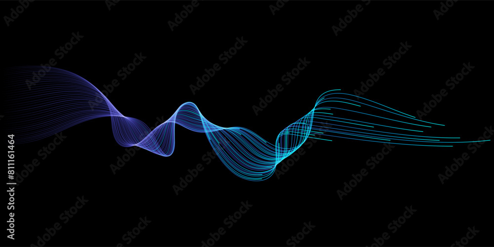 Poster Vector abstract light lines wavy flowing dynamic in blue green colors isolated on black background for concept of AI technology, digital, communication, 5G, science, music