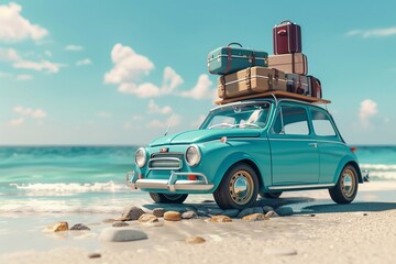 A small retro car packed with luggage for a summer vacation. with a backdrop of a scenic sea view and sandy beach.